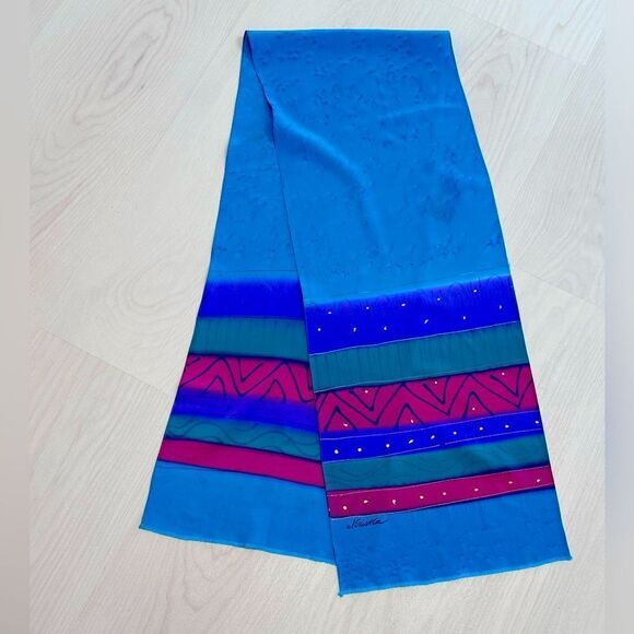 Vintage hand painted silk jewel tones rectangular scarf signed - Picture 1 of 6
